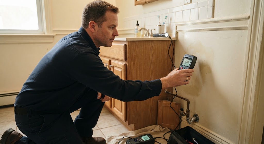 Technician using a moisture meter to find a hidden water leak behind a wall in Bayonne