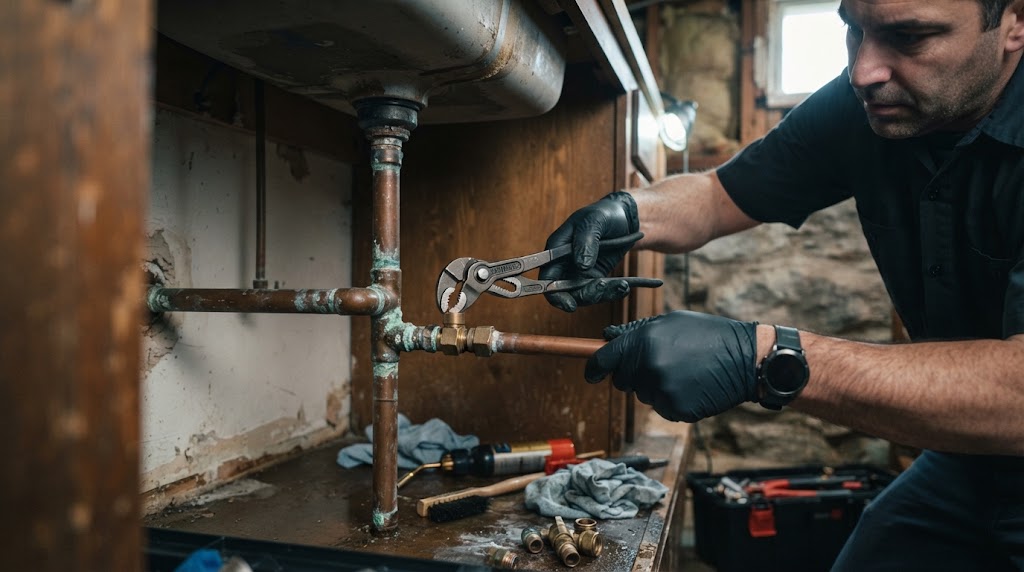 Plumber repairing a leaking pipe under a sink in Bayonne