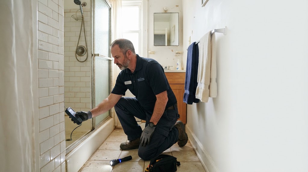 Specialist inspecting a shower for hidden leaks in Bayonne