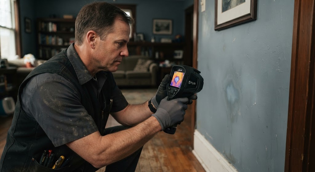 Technician using thermal imaging to scan for leaks across Bayonne service areas